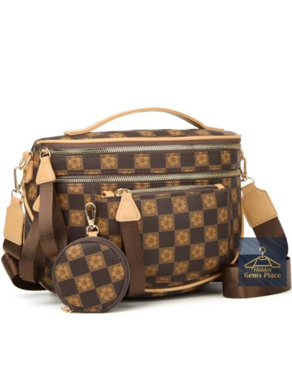 Vegan Leather Crossbody Bag with Adjustable Strap, Large Capacity, Checkered